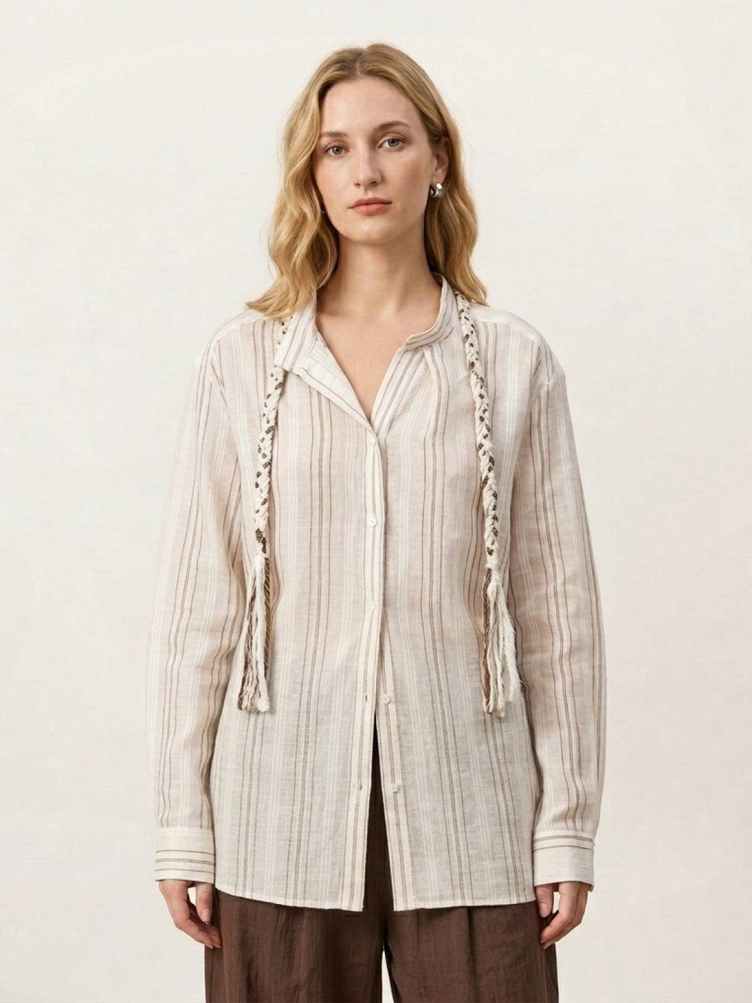 Linen-Cotton Striped Tassel-Trim Shirt beige image 1 