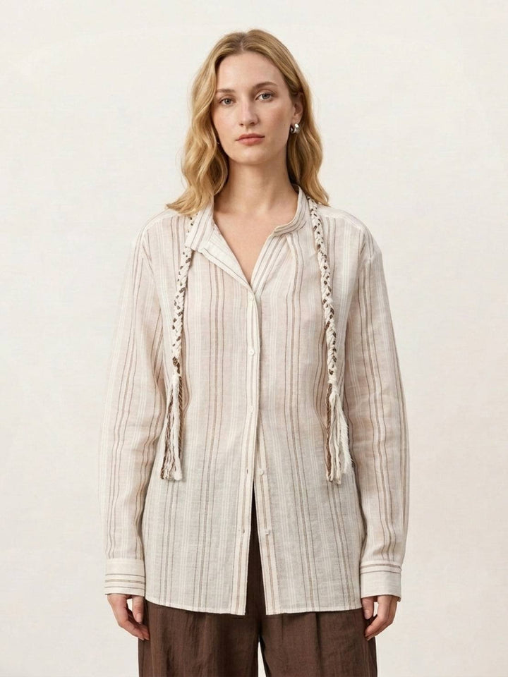 Linen-Cotton Striped Tassel-Trim Shirt beige image 1 