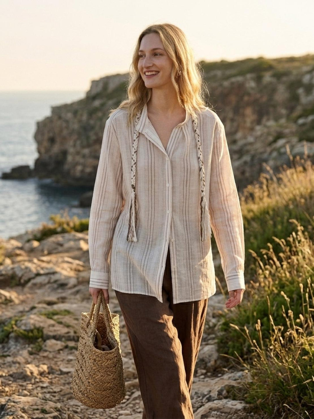 Linen-Cotton Striped Tassel-Trim Shirt beige image 2 