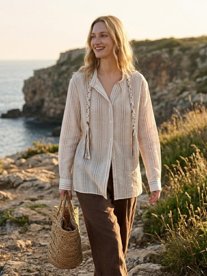 Linen-Cotton Striped Tassel-Trim Shirt beige image 2 