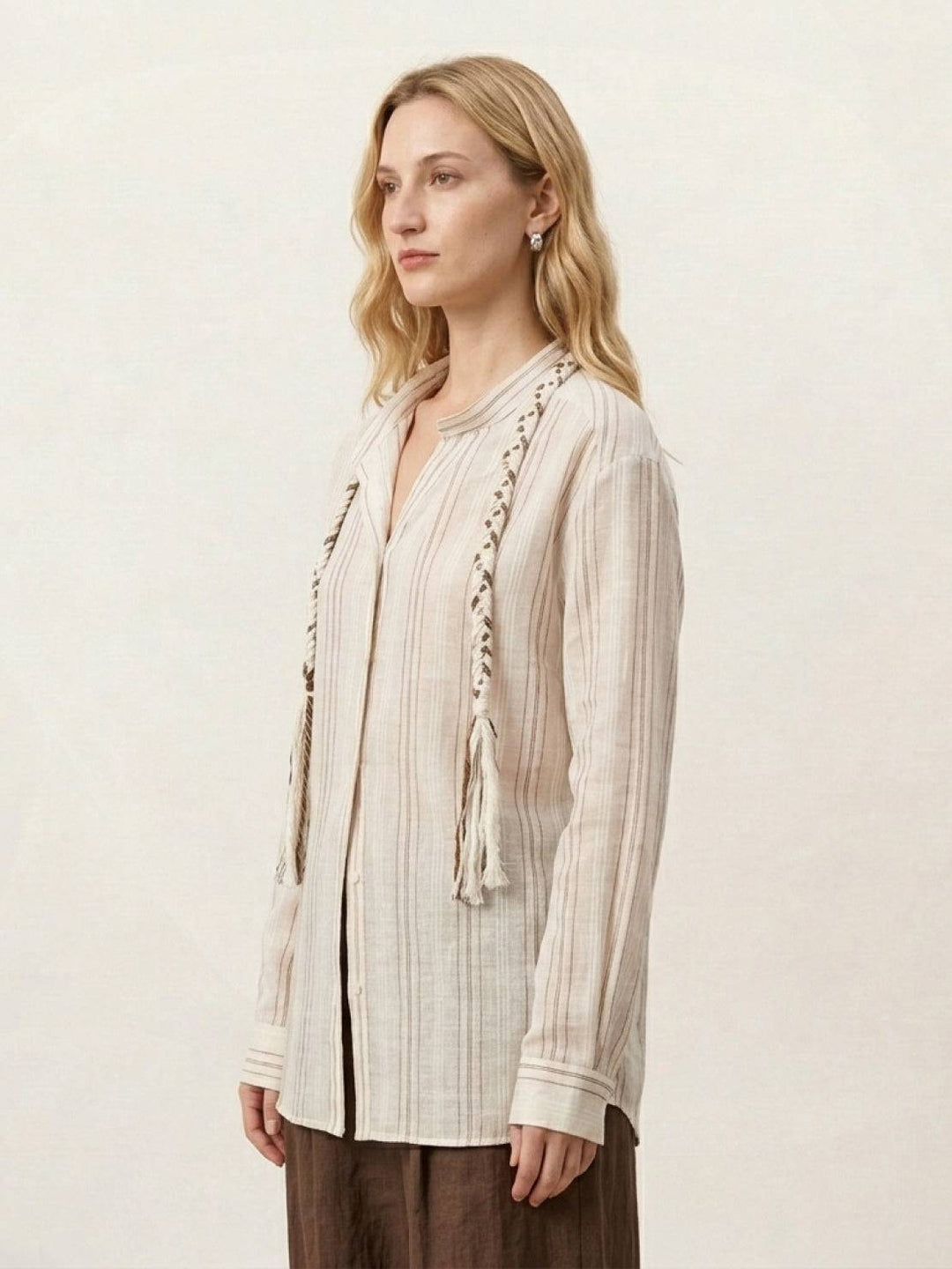 Linen-Cotton Striped Tassel-Trim Shirt beige image 3 