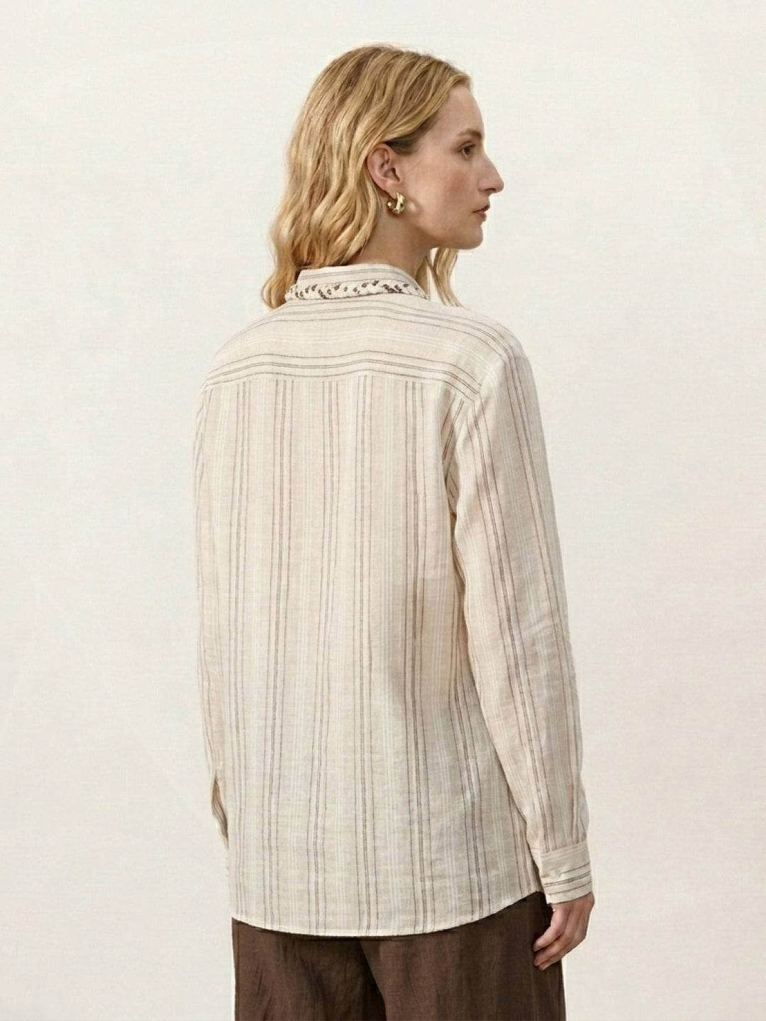 Linen-Cotton Striped Tassel-Trim Shirt beige image 4 
