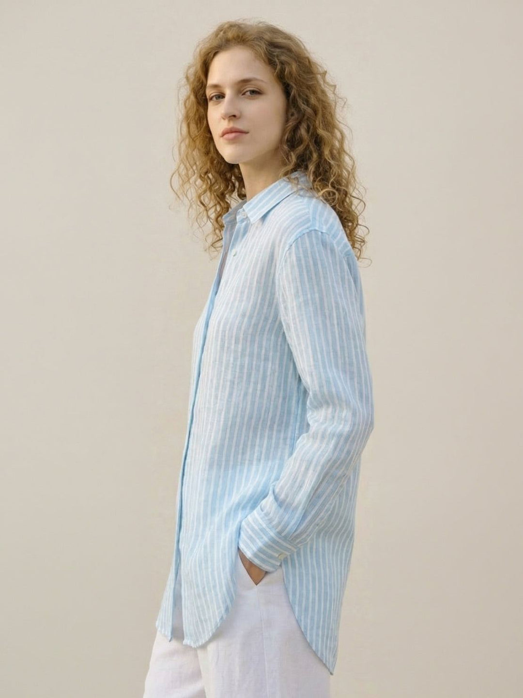 100% Linen Pinstripe Shirt light blue image 3 