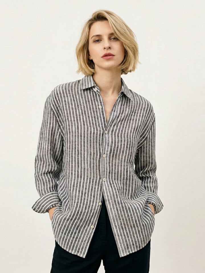 100% Linen Pinstripe Shirt black image 1 