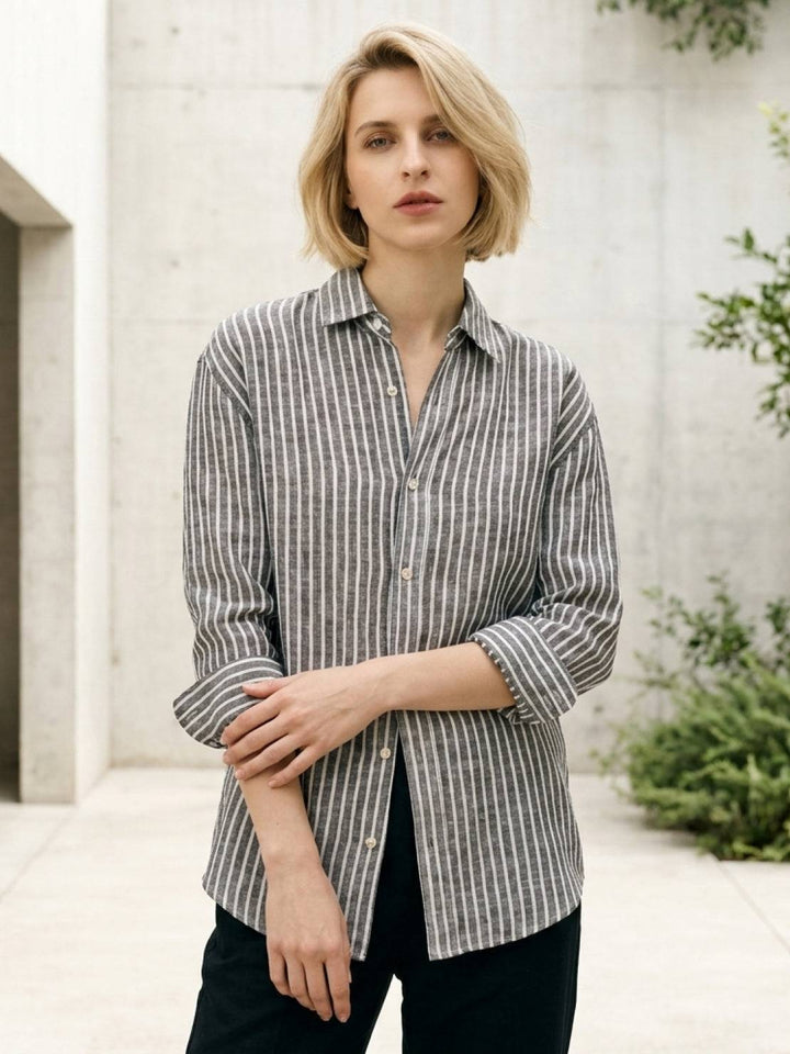 100% Linen Pinstripe Shirt black image 2 
