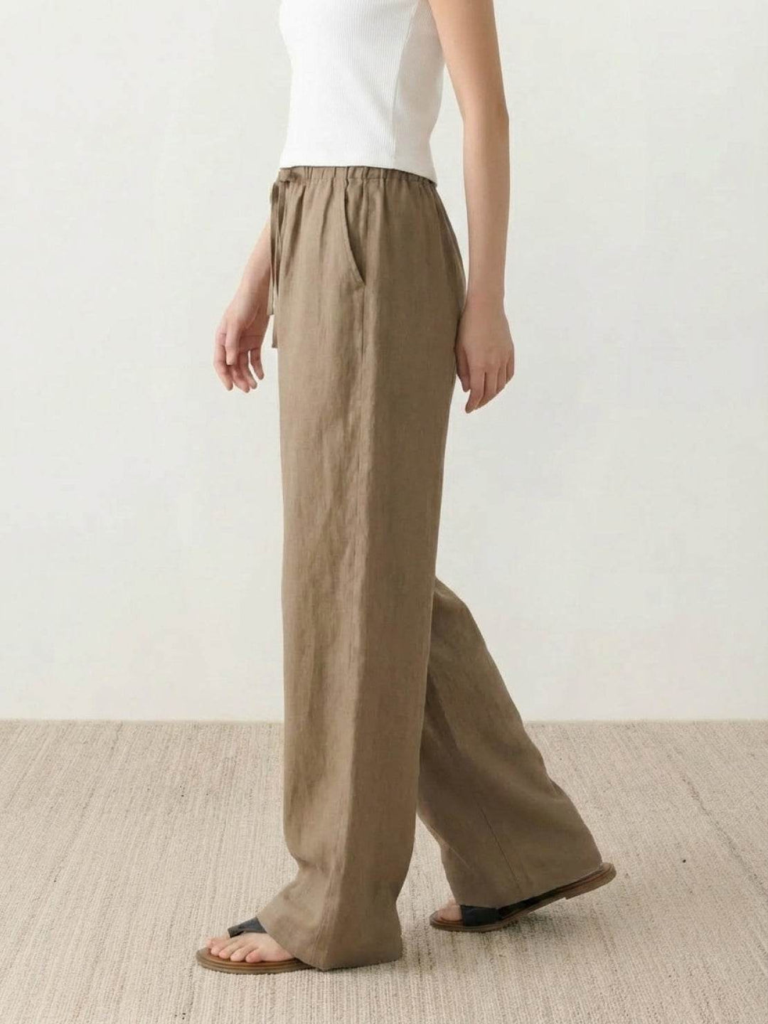 100% Linen Old-Money Wide-Leg Pants dark khaki image 4 