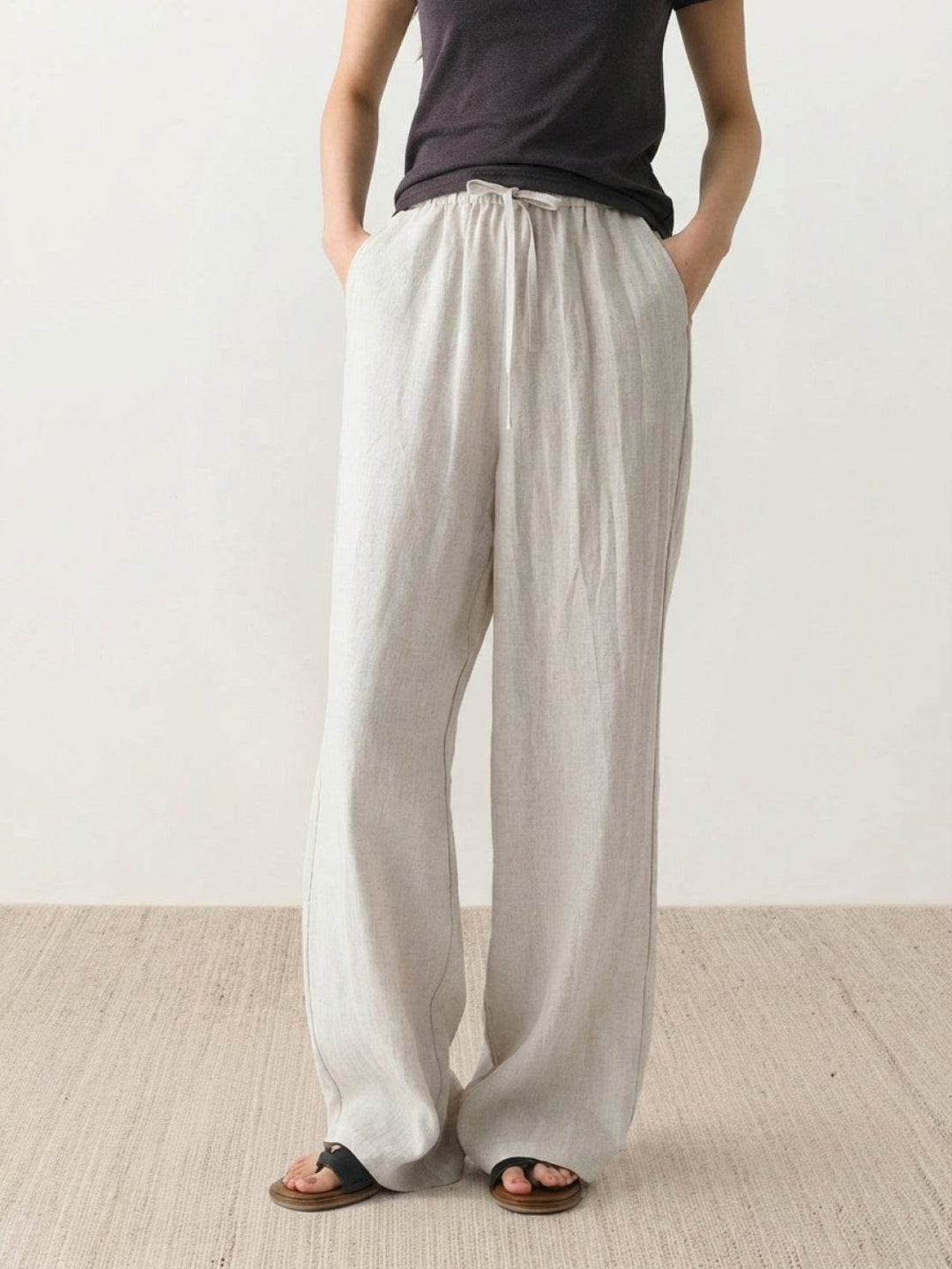 100% Linen Old-Money Wide-Leg Pants beige image 1 