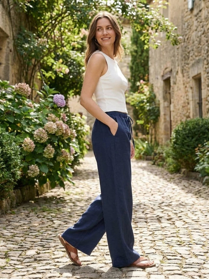 100% Linen Old-Money Wide-Leg Pants navy blue image 2 