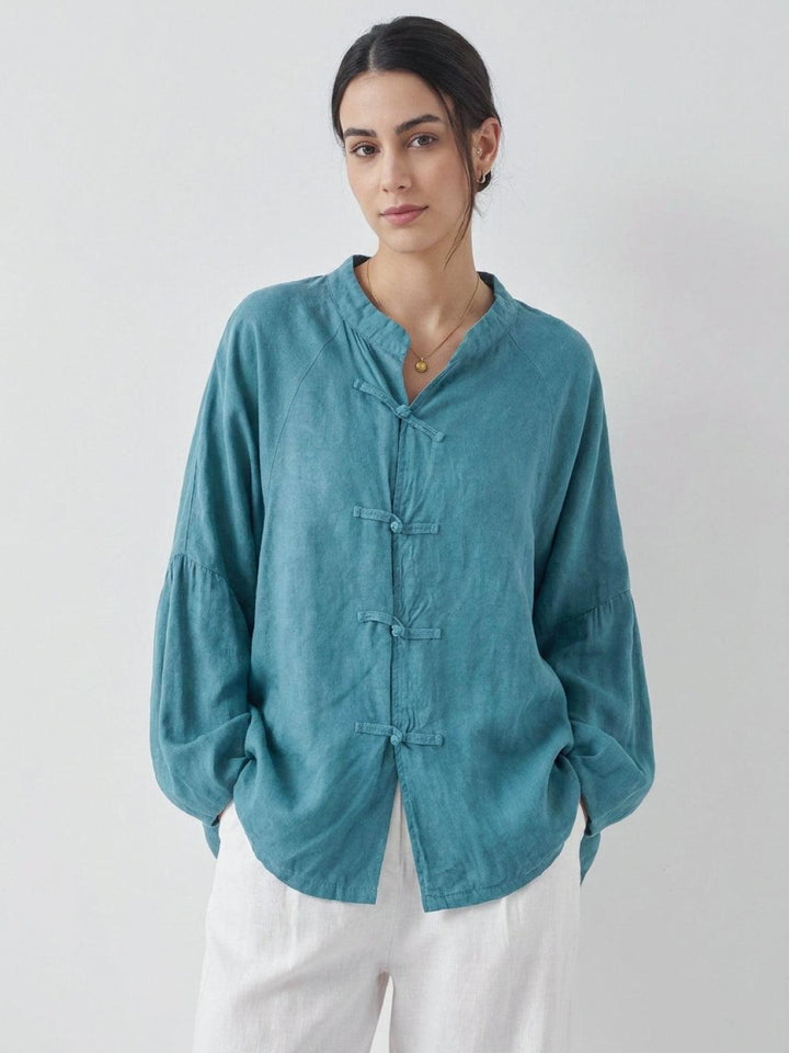 Oversized Linen-Cotton Tang Knot Blouse teal image 1 