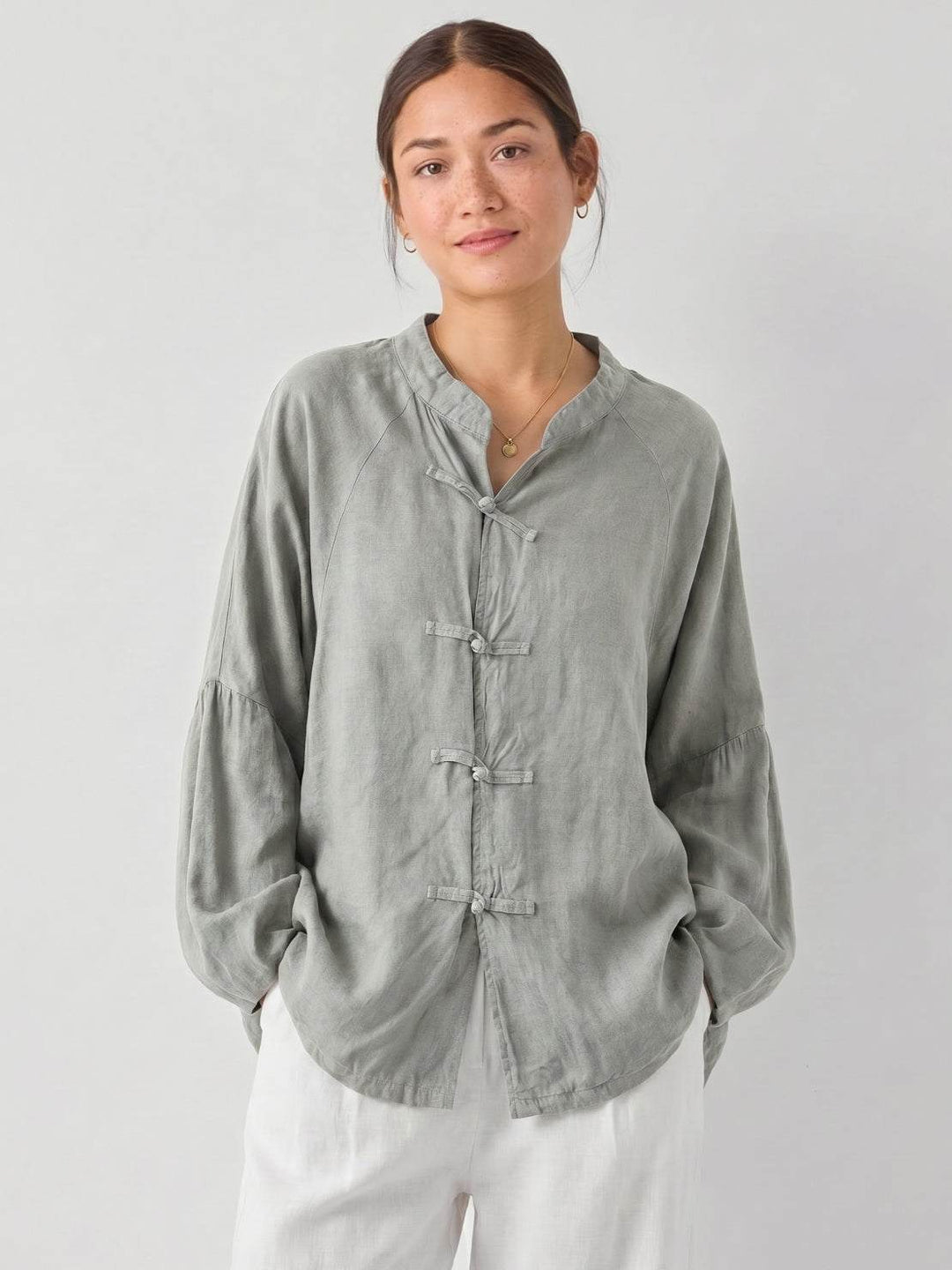 Oversized Linen-Cotton Tang Knot Blouse light gray image 1 