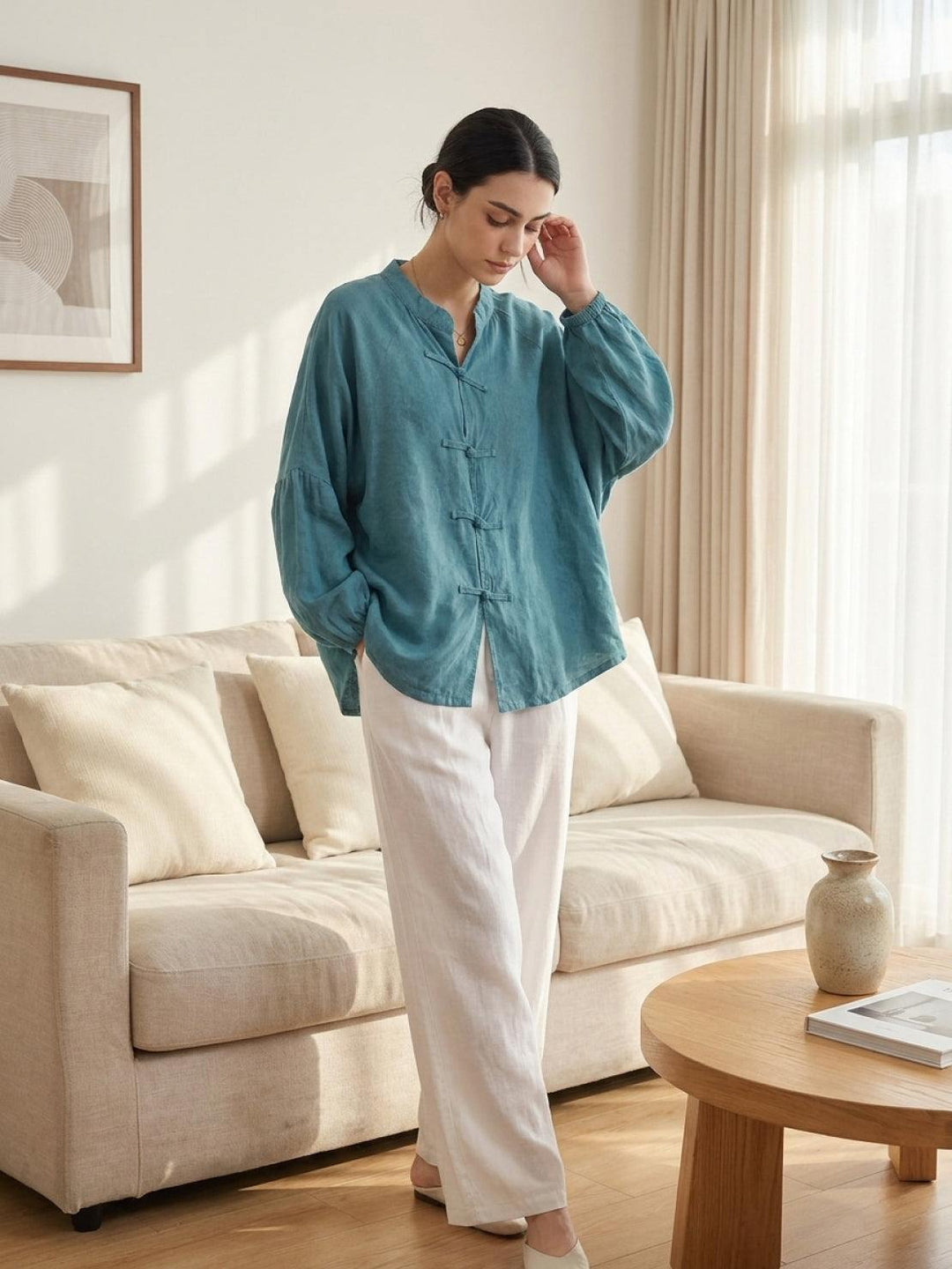 Oversized Linen-Cotton Tang Knot Blouse teal image 2 