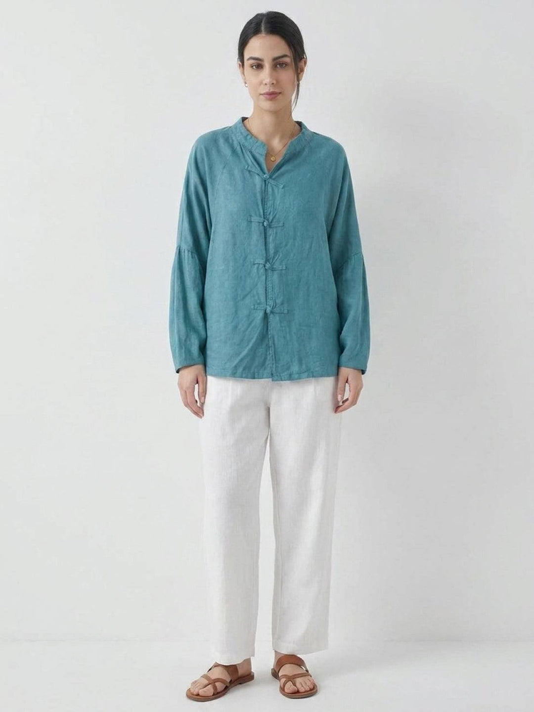 Oversized Linen-Cotton Tang Knot Blouse teal image 4 