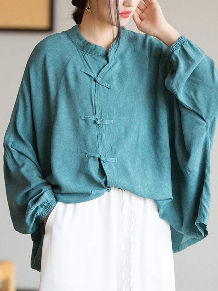 Oversized Linen-Cotton Tang Knot Blouse teal image 5 
