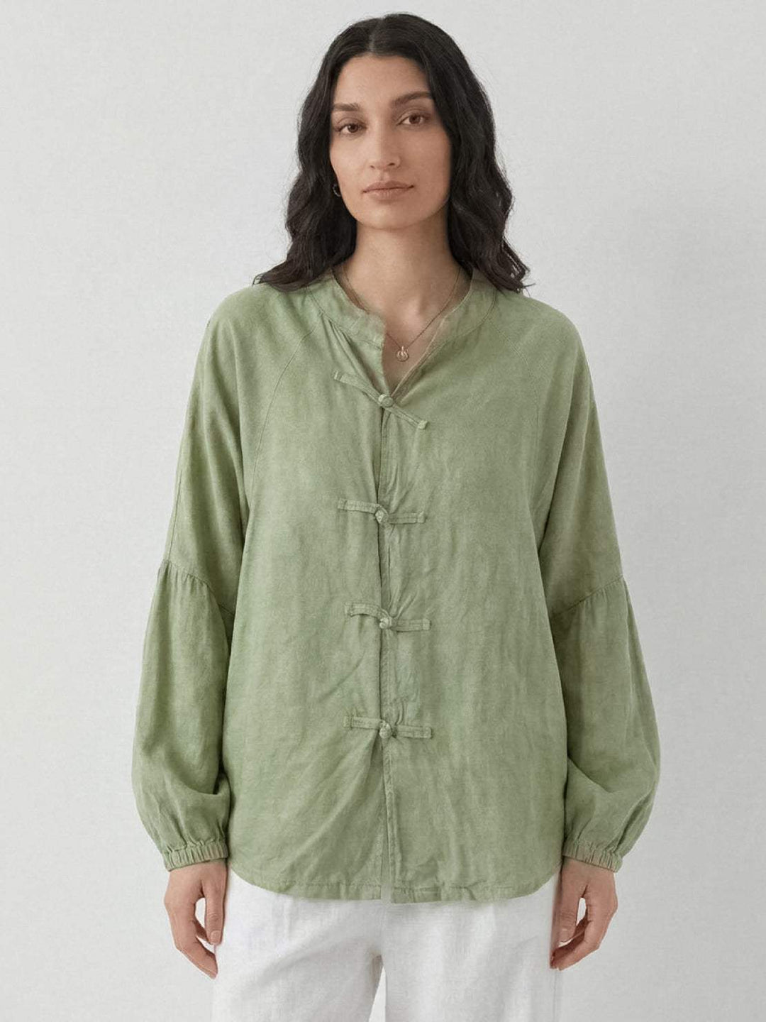 Oversized Linen-Cotton Tang Knot Blouse sage green image 1 