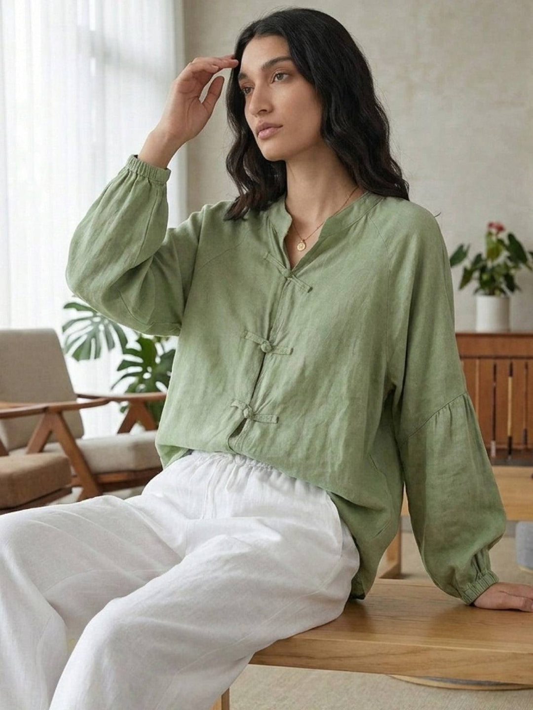 Oversized Linen-Cotton Tang Knot Blouse sage green image 2 