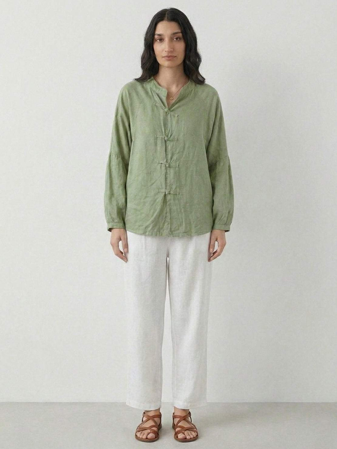 Oversized Linen-Cotton Tang Knot Blouse sage green image 4 