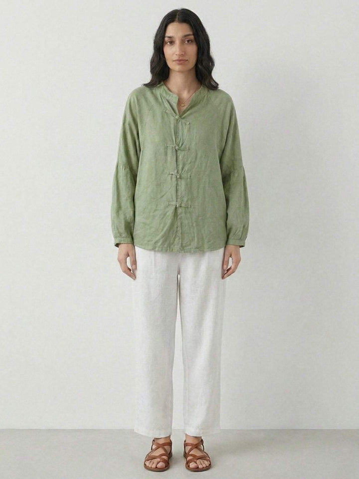 Oversized Linen-Cotton Tang Knot Blouse sage green image 4 