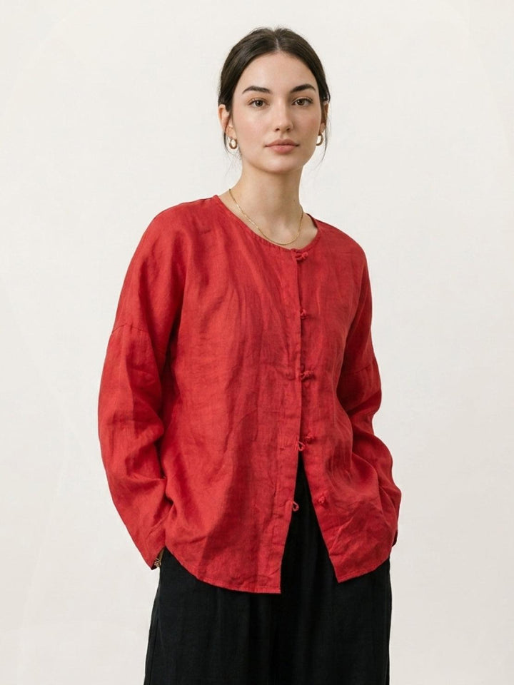 Oversized 100% Linen Frog-Button Blouse red image 1 