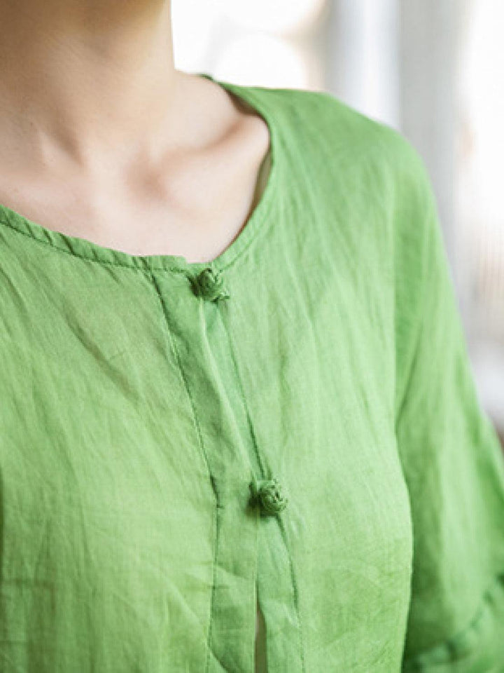 Oversized 100% Linen Frog-Button Blouse green image 5 