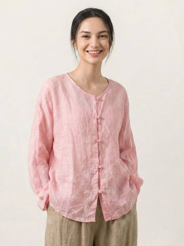 Oversized 100% Linen Frog-Button Blouse light pink image 1 