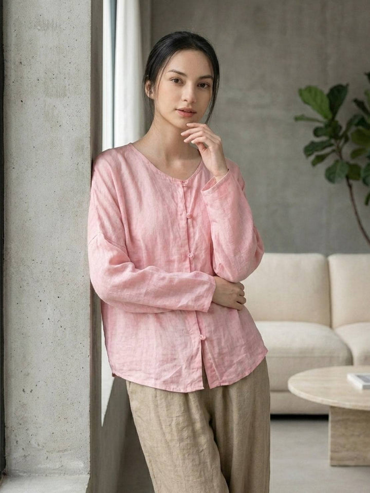 Oversized 100% Linen Frog-Button Blouse light pink image 2 