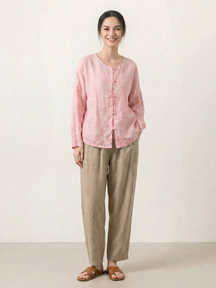 Oversized 100% Linen Frog-Button Blouse light pink image 4 