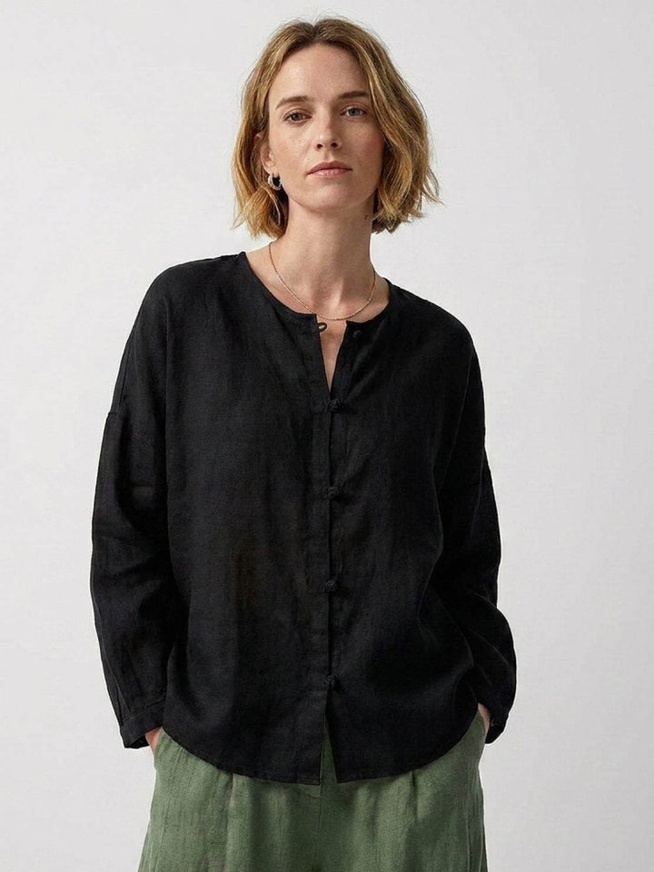 Oversized 100% Linen Frog-Button Blouse black image 1 