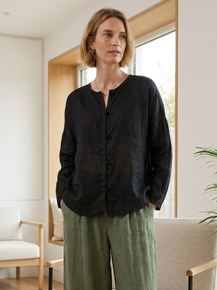 Oversized 100% Linen Frog-Button Blouse black image 2 
