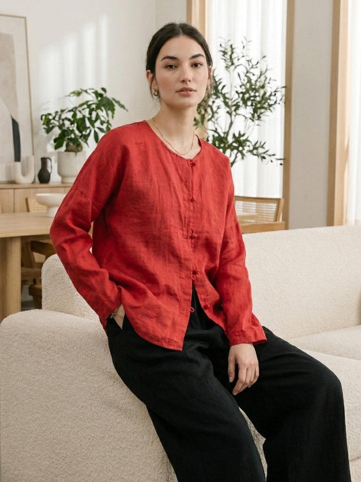 Oversized 100% Linen Frog-Button Blouse red image 2 
