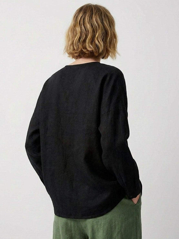 Oversized 100% Linen Frog-Button Blouse black image 3 