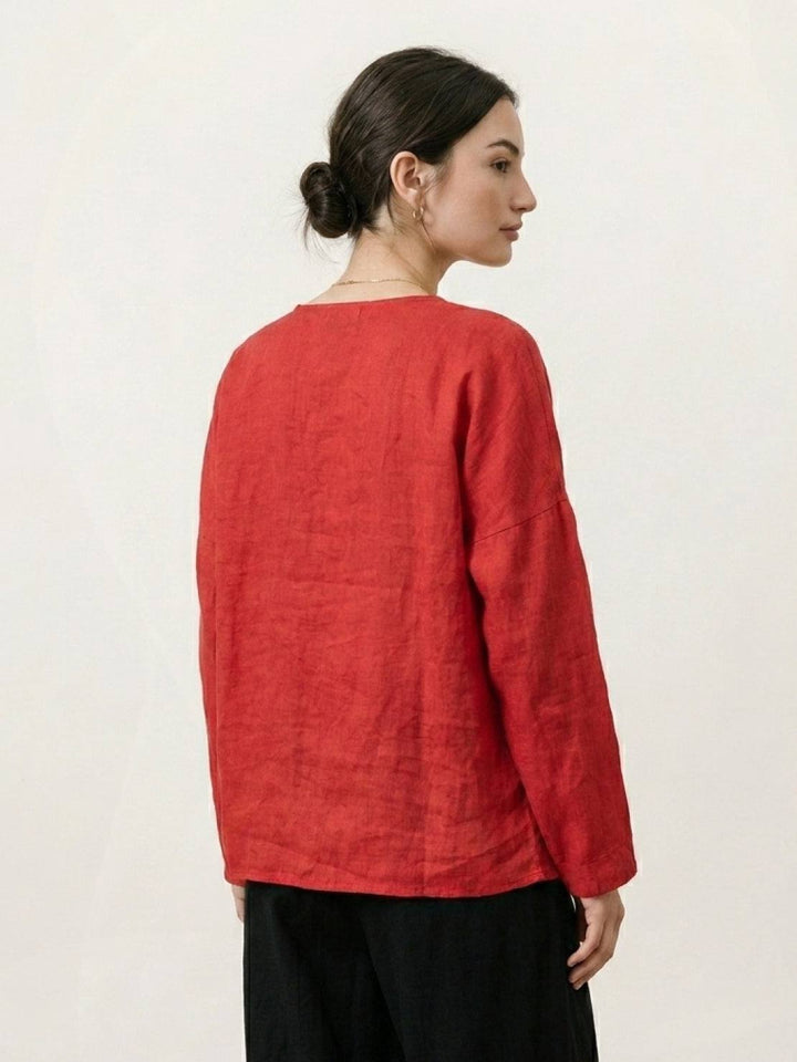 Oversized 100% Linen Frog-Button Blouse red image 3 