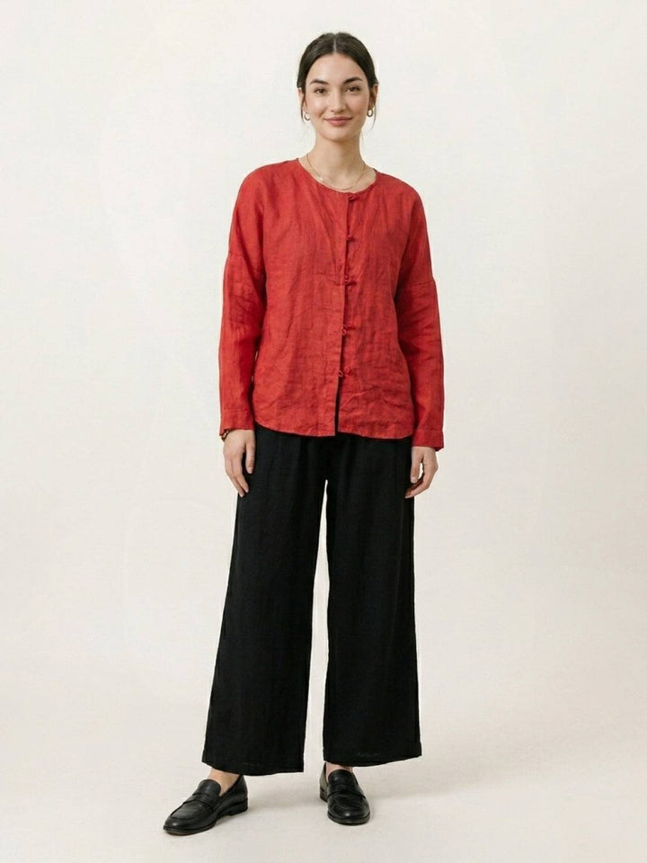 Oversized 100% Linen Frog-Button Blouse red image 4 