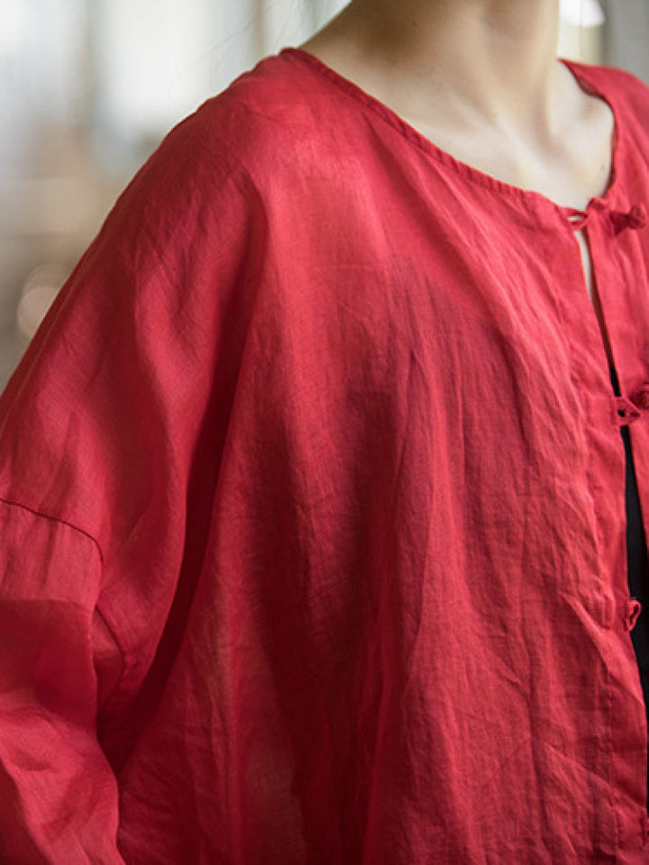 Oversized 100% Linen Frog-Button Blouse red image 5 