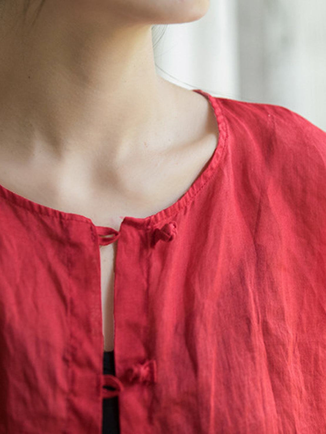 Oversized 100% Linen Frog-Button Blouse red image 6 