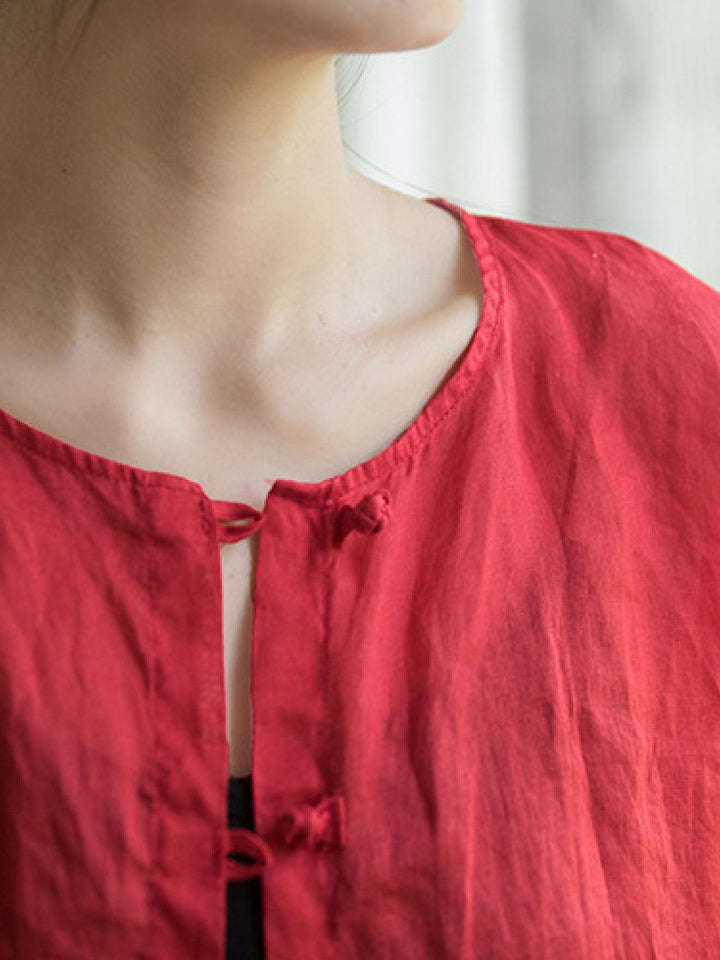 Oversized 100% Linen Frog-Button Blouse red image 6 