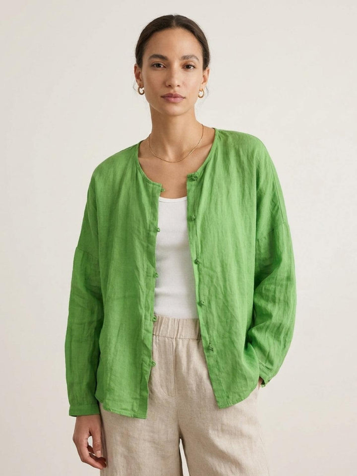Oversized 100% Linen Frog-Button Blouse green image 1 
