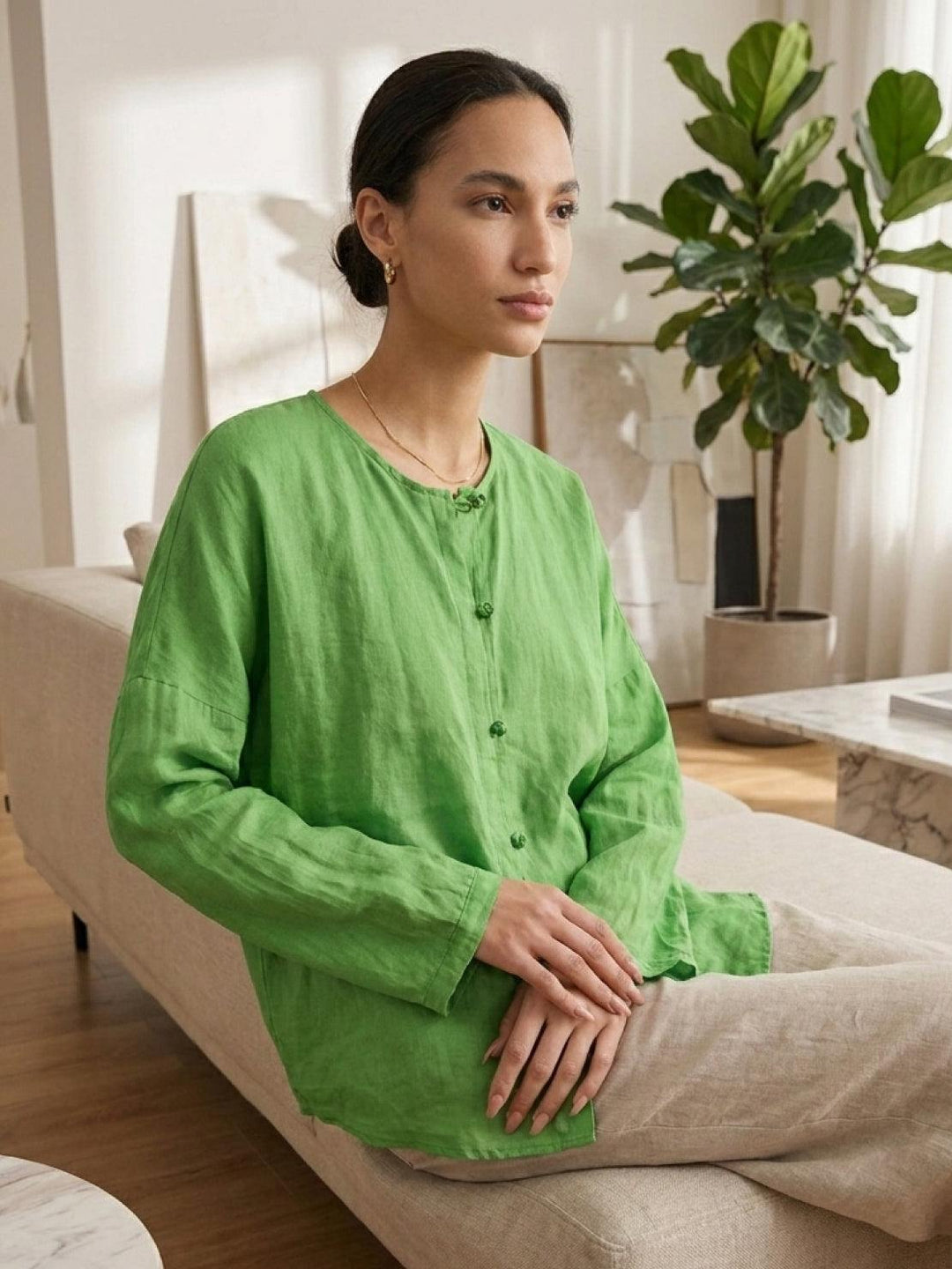 Oversized 100% Linen Frog-Button Blouse green image 2 