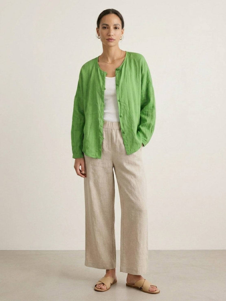 Oversized 100% Linen Frog-Button Blouse green image 4 