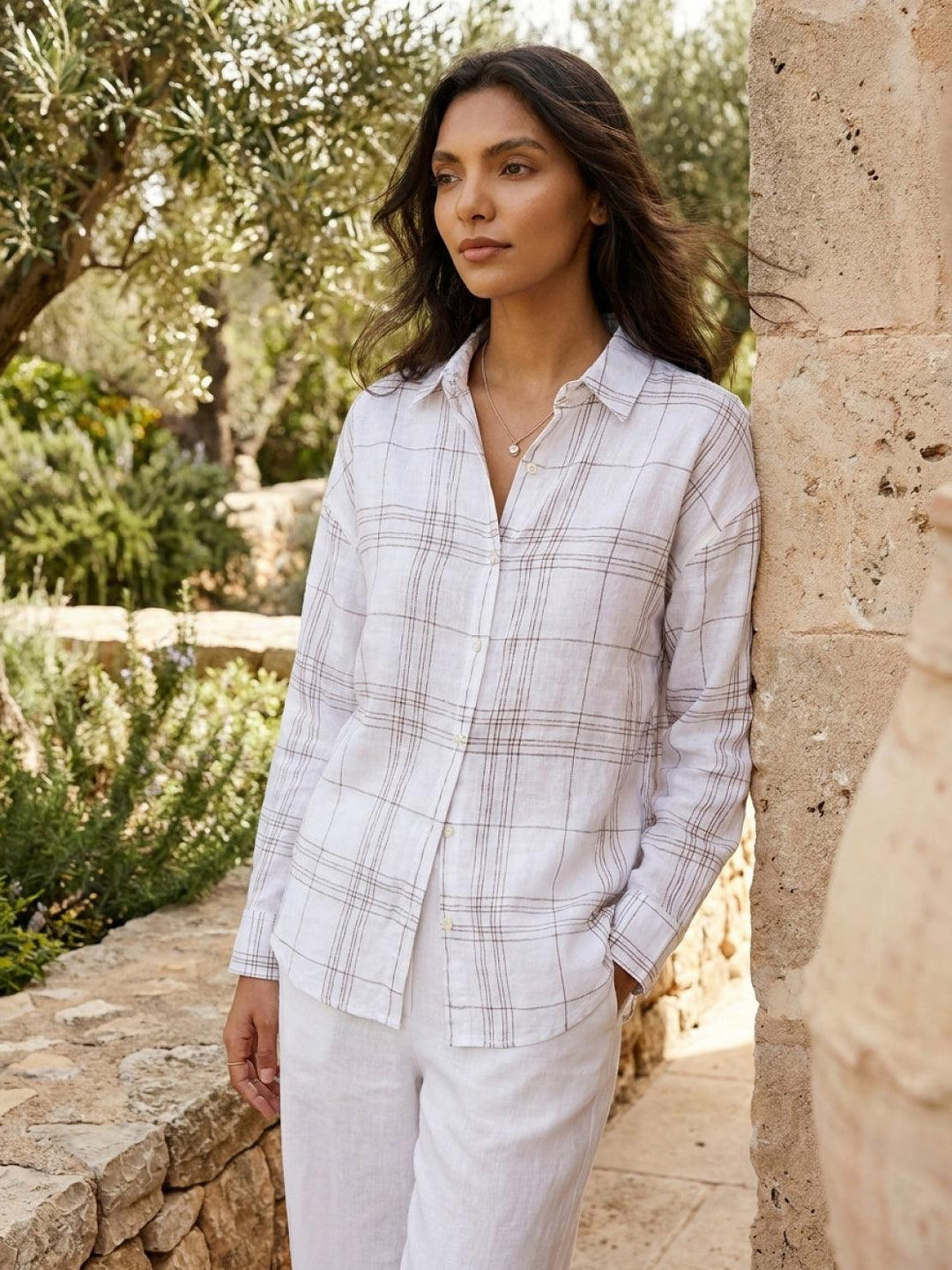 100% Cotton Sheer Plaid Shirt white image 2 