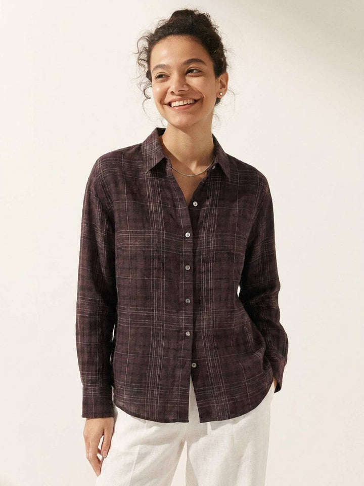 100% Cotton Sheer Plaid Shirt dark brown image 1 