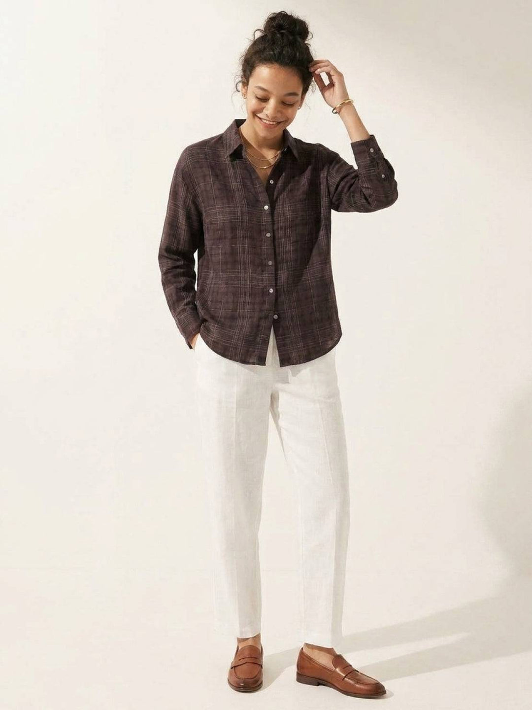 100% Cotton Sheer Plaid Shirt dark brown image 4 