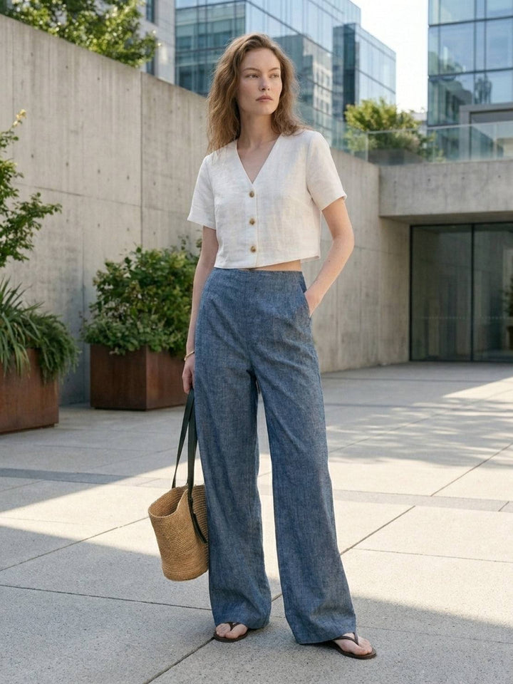 Pure Linen Yarn-Dyed Long Pants steel blue image 2 