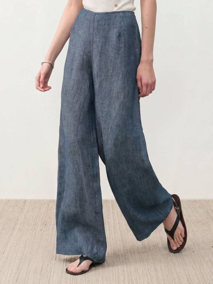 Pure Linen Yarn-Dyed Long Pants steel blue image 3 