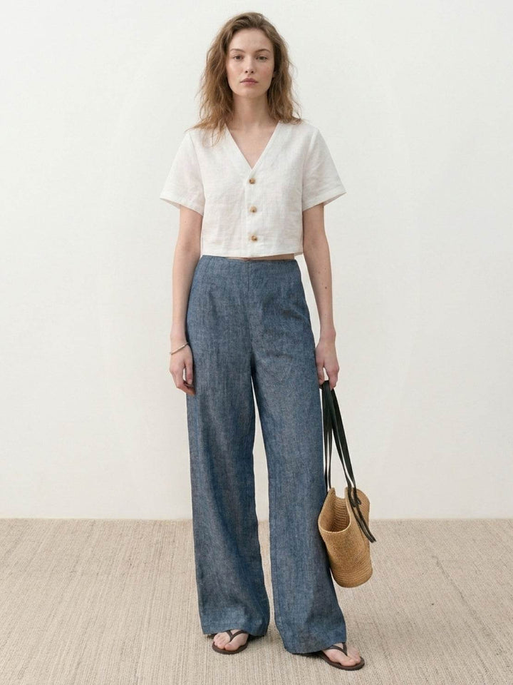 Pure Linen Yarn-Dyed Long Pants steel blue image 5 