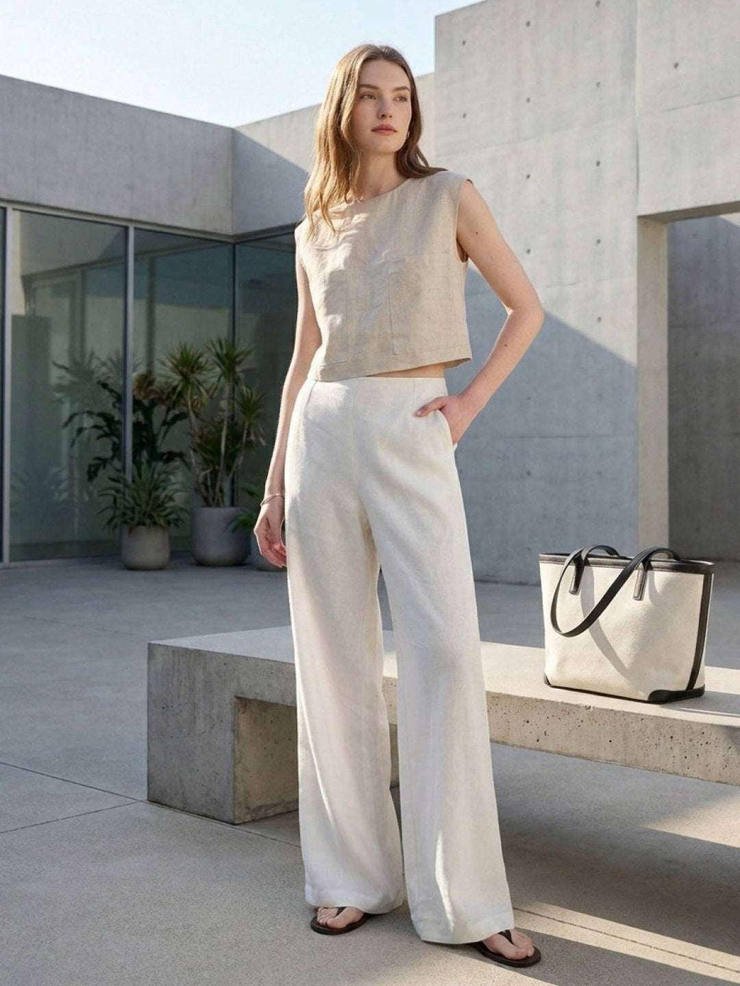 Pure Linen Yarn-Dyed Long Pants ivory image 2 