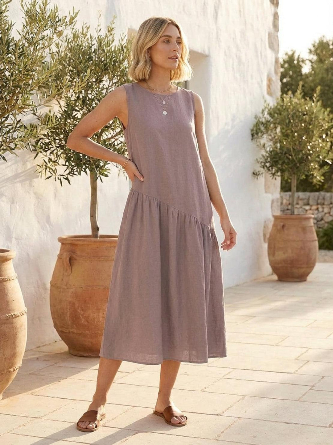 100% Cotton-Linen Summer Midi Dress khaki image 2 