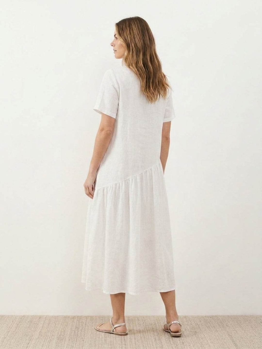 100% Cotton-Linen Summer Midi Dress white image 4 