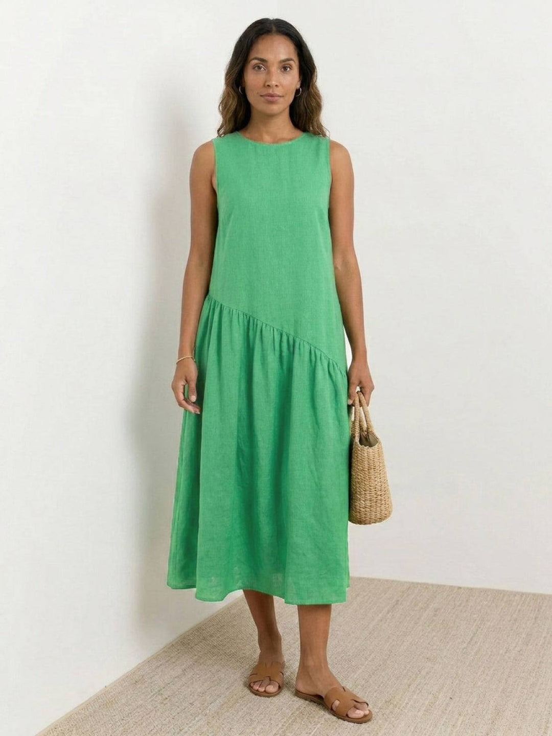 100% Cotton-Linen Summer Midi Dress green image 1 