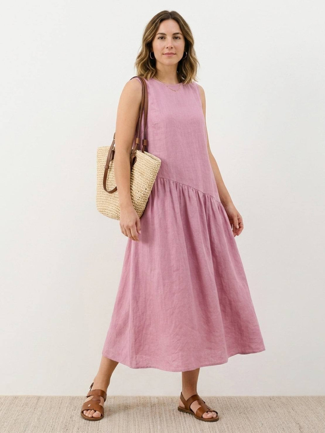 100% Cotton-Linen Summer Midi Dress pink image 1 