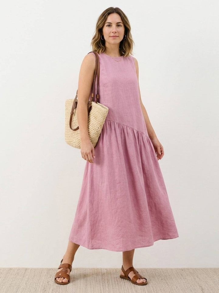 100% Cotton-Linen Summer Midi Dress pink image 1 